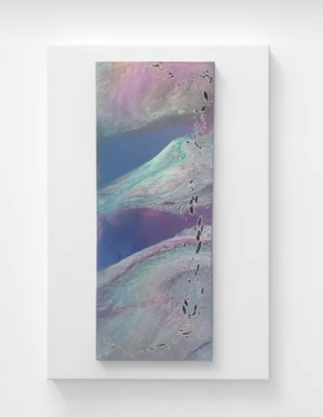 Tall narrow painting of soft lilac, turquoise and deep blue drifts with a trail of dark marks
