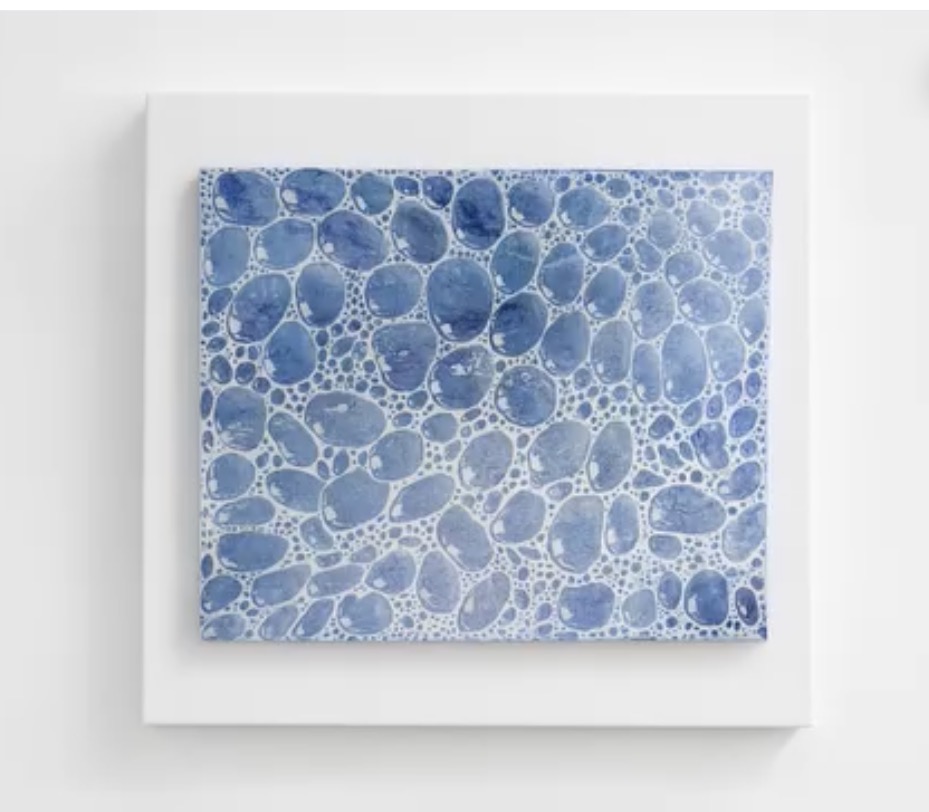 Landscape-format painting of rounded blue pebble-like shapes and small dots outlined in white