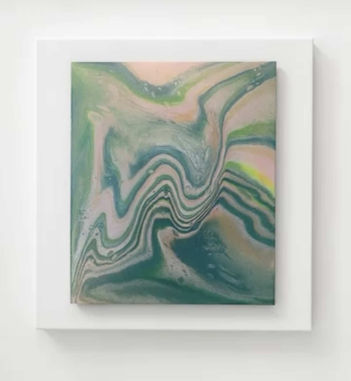 Abstract painting of wave-like bands in emerald, teal and soft pink with a flash of lime